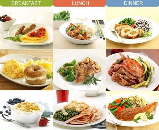 Diätmahlzeiten zum Frühstück, Mittag- und Abendessen bei Pankreatitis. 